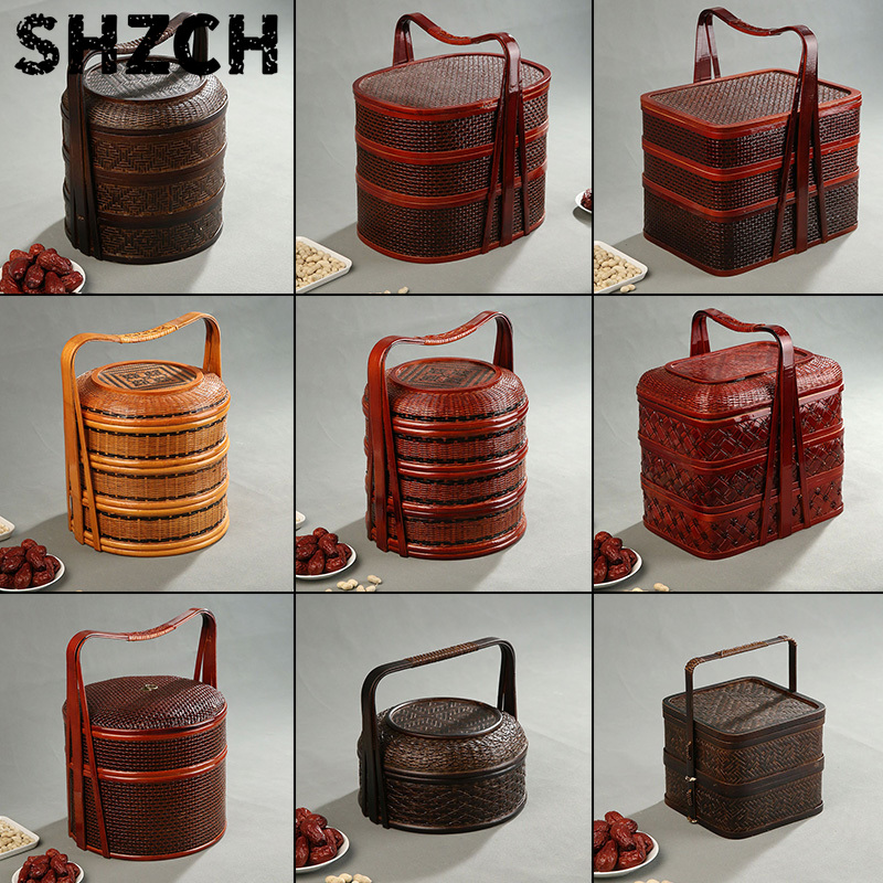 Snacks Food Hamper Basket - Bamboe picknickmand met deksel, meerlaags voedselmandje