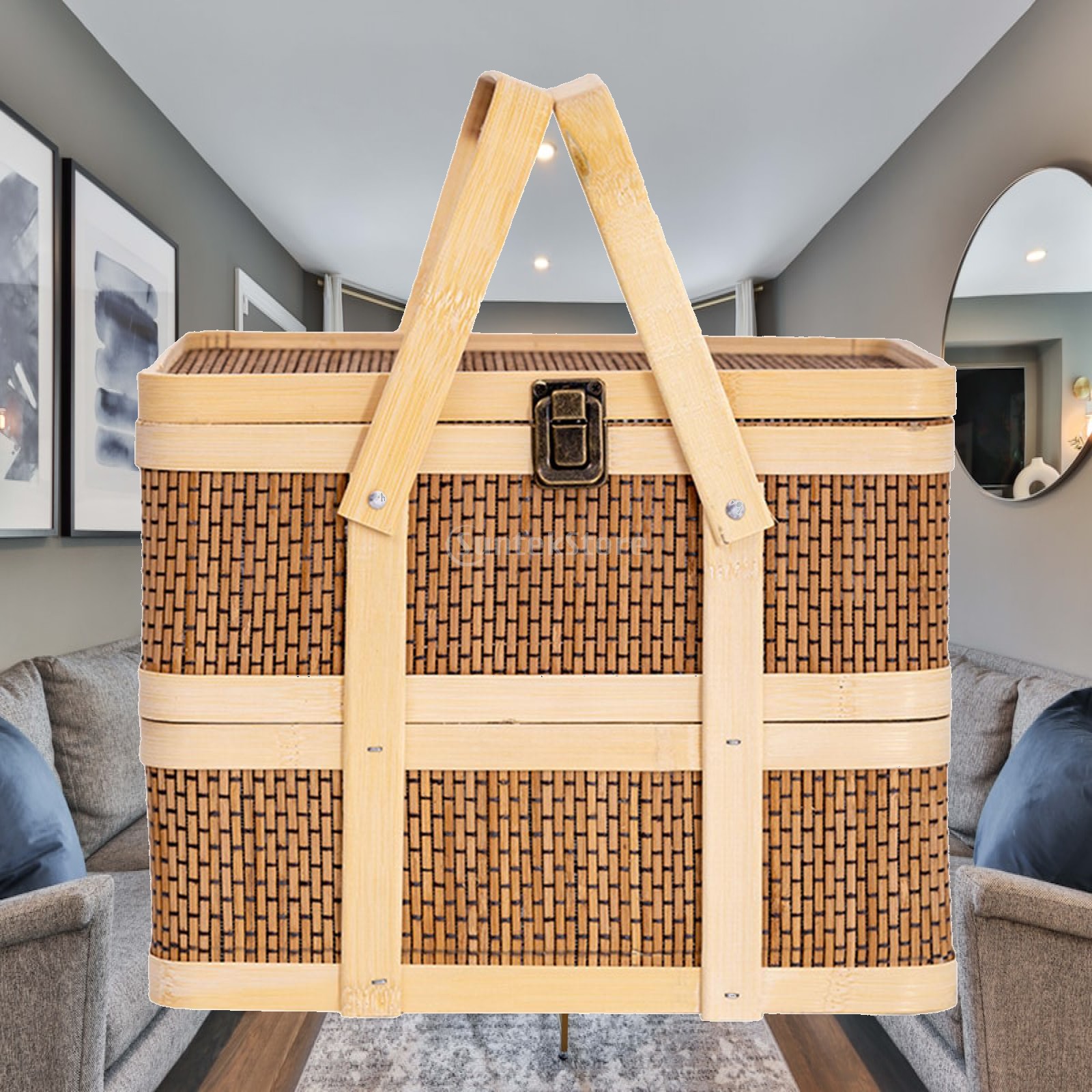 Snacks Food Hamper Basket - Geweven picknickmand, voedselopbergmand, dubbellaags, cadeauverpakkingsmand, grote